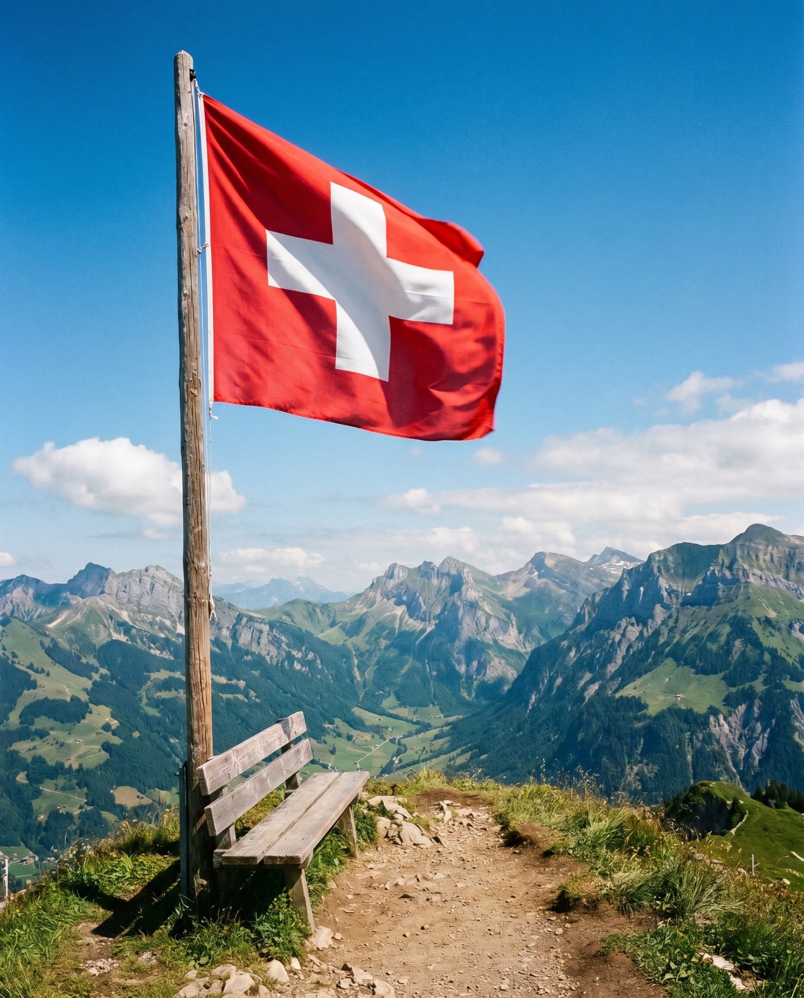 Drapeau suisse au sommet d'une montagne