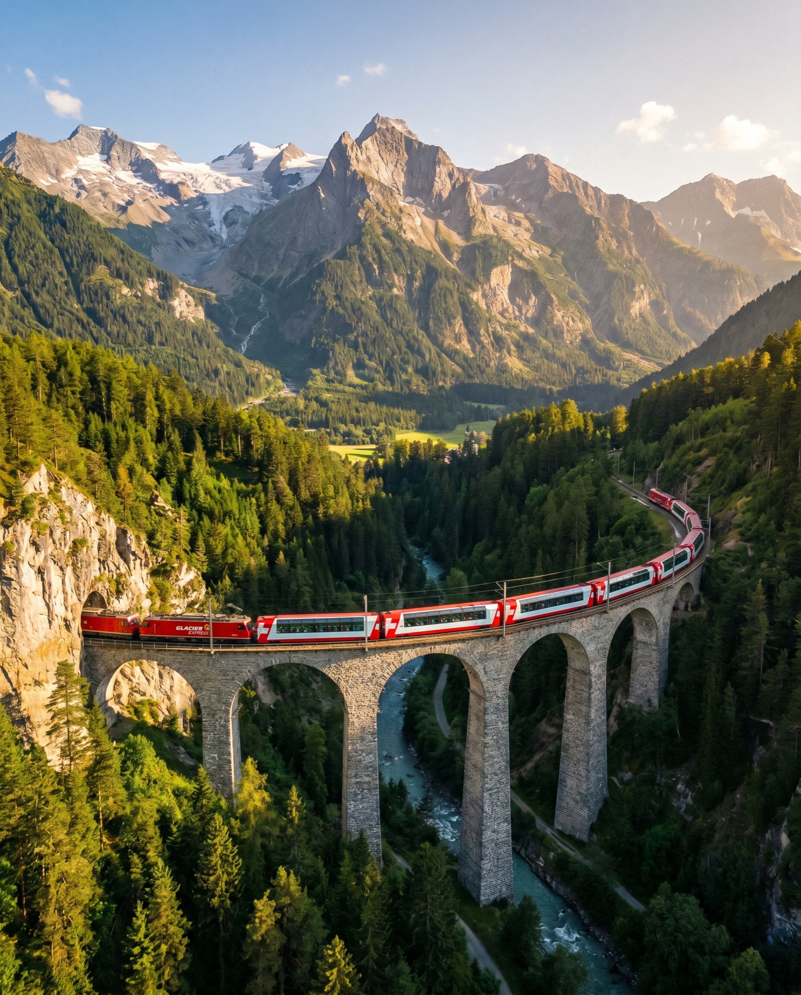 Train rouge suisse sur un viaduc de montagne